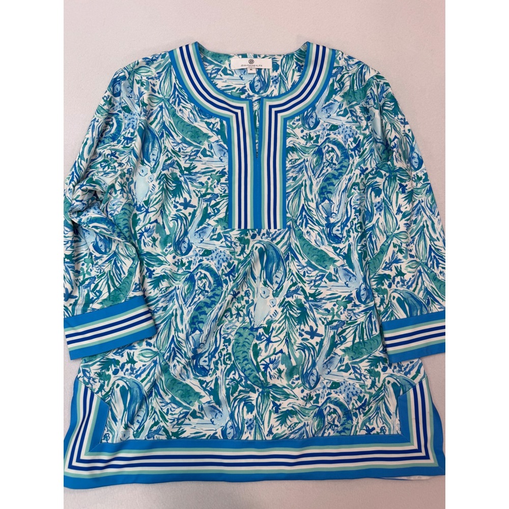 Jean-Pierre Klifa Paris Mermaid Print Tunic Top Blue Green XL Coastal Split Neck